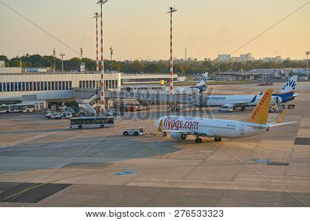 DUSSELDORF, GERMANY - CIRCA OCTOBER, 2018: an aircraft on pushback at Dusseldorf Airport.