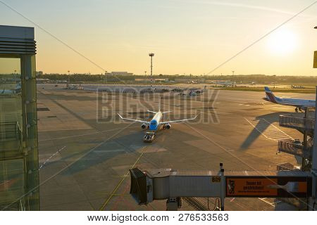 DUSSELDORF, GERMANY - CIRCA OCTOBER, 2018: KLM Cityhopper aircraft on pushback at Dusseldorf Airport.
