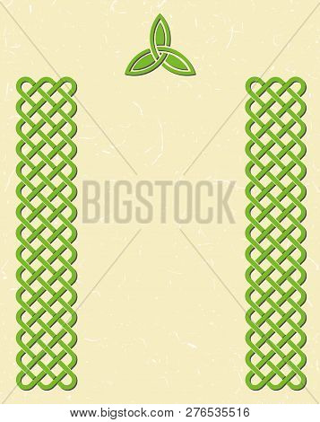 Traditional Green Celtic Style Braided Knot Borders And One Trefoil Knot Over Textured Vintage Backg