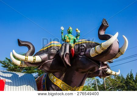 Statue Indra God On Erawan Elephant Three Headed.