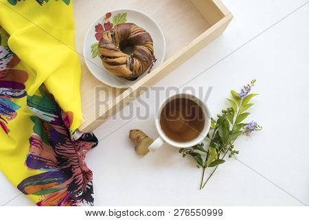 Yellow Scarf With Healthy Drinks Ginger Tea And Dessert Bread In Wooden Box Of Lifestyle Woman Relax