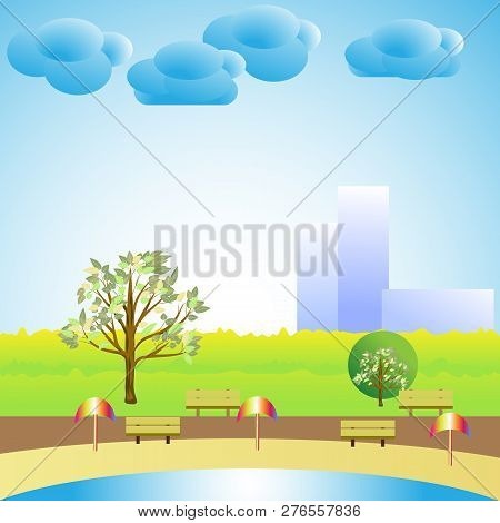 Cartoon Nature Landscape With The Lake Beach Outside The City