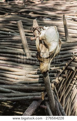 An Empty Wineskin Hanging On A Wicker Fence. Rural Environment, Rusticl Life. Evening Light, The Ray