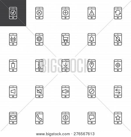 Mobile App Screen Outline Icons Set. Linear Style Symbols Collection, Line Signs Pack. Vector Graphi