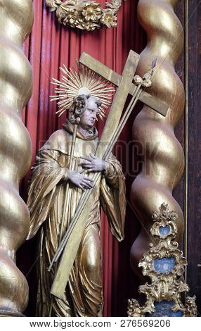 BRONNBACH, GERMANY - JULY 07, 2018: Saint Bernard of Clairvaux, statue on the main altar in Cistercian Abbey of Bronbach in Reicholzheim near Wertheim, Germany