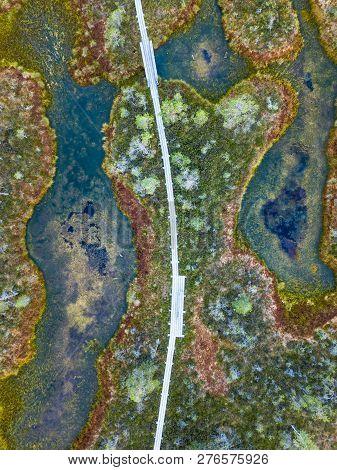 Moody Drone Photo Of Colorful Moorland In Early Summer Sunrise