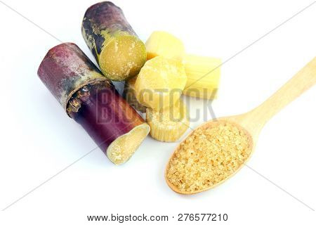 Sugar Cane And Sugar, Cane Fresh, Pieces Of Sugarcane Fresh, Sugar Cane Pieces Cut And Granulated Su