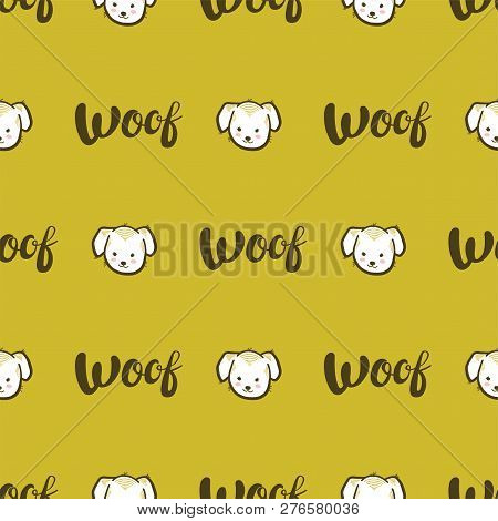 Vector Seamless Pattern With Dogs And Woof Lettering On Golden-yellow Background