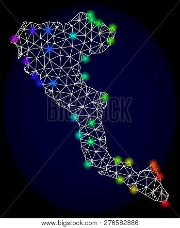 Mesh Vector Map Of Corfu Island With Glare Effect. Light Spots Have Bright Rainbow Colors. Abstract 