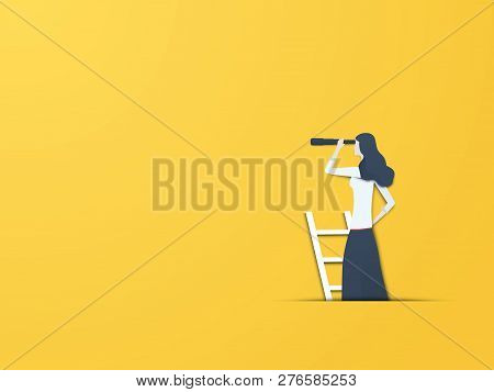 Business Vision Vector Concept With Businesswoman With Telescope. Modern Paper Cutout Style. Symbol 
