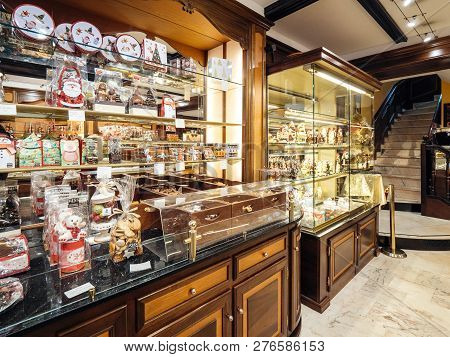 Strasbourg, France - Dec 29, 2018: Interior Of Traditional French Pastry Store, Riss Selling Sweets 
