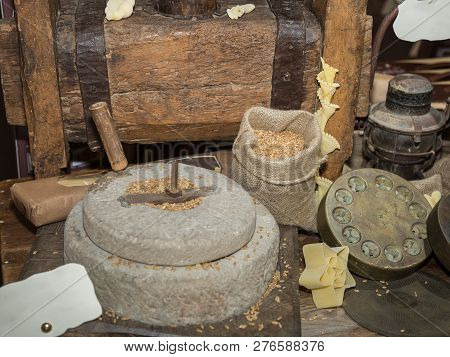 Ancient Stone Mill: Manual Grinder Wheel With Crank And Wooden Press For Pasta.