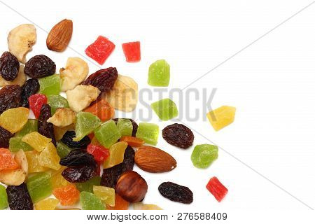 Candied Fruits Mix With Raisins, Almonds, Hazelnut. Muesli. Healthy Food. Fitness Food. Top View