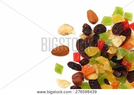 Candied Fruits Mix With Raisins, Almonds, Hazelnut. Muesli. Healthy Food. Fitness Food. Top View