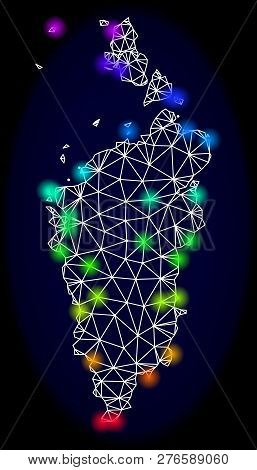 Mesh Vector Map Of Krasnoyarskiy Kray With Glare Effect. Light Spots Have Bright Spectrum Colors. Ab