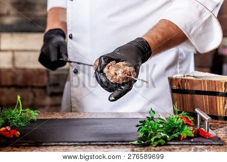 The Concept Of Georgian Cuisine. Recipe For Cooking Meat Lyulya Kebab In The Dough On The Grill. Che