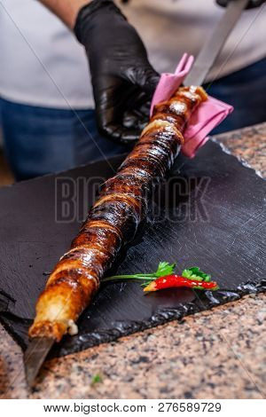 The Concept Of Georgian Cuisine. Recipe For Cooking Meat Lyulya Kebab In The Dough On The Grill. Che