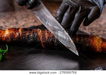 The Concept Of Georgian Cuisine. Recipe For Cooking Meat Lyulya Kebab In The Dough On The Grill. Che