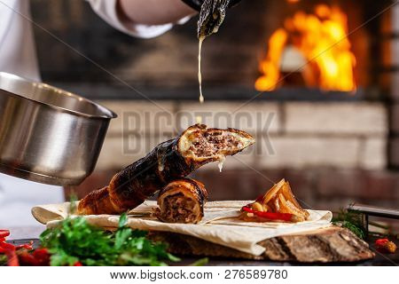 The Concept Of Georgian Cuisine. Recipe For Cooking Meat Lyulya Kebab In The Dough On The Grill. Che