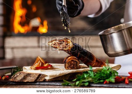 The Concept Of Georgian Cuisine. Recipe For Cooking Meat Lyulya Kebab In The Dough On The Grill. Che