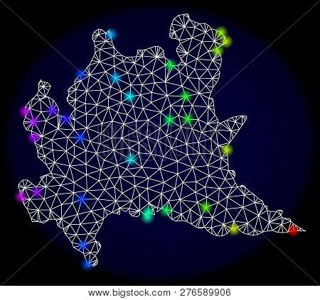 Mesh Vector Map Of Lombardy Region With Glare Effect. Light Spots Have Bright Spectrum Colors. Abstr