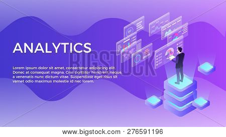 Man Interacting With Virtual Charts And Analyzing Statistics. Data Visualization Concept. Landing Pa
