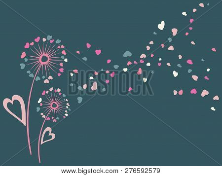 Blue And Pink Dandelion Flowers Summer Vector Card. Heart Shaped Feather Fluff, Leaves, Abstract Fly