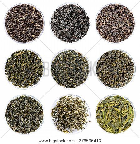 Big Collection Of Green, White, Black Tea Top View Close-up Set Isolated On White Background, Assort
