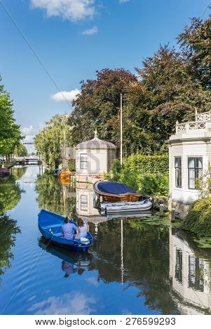 Edam, Netherlands - August 25, 2017: Tourists Taking A Sightseeing Tour In A Boat In Edam, Netherlan