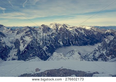 Spectacular Winter Mountain Panorama With Peaks Covered With Early Snow.