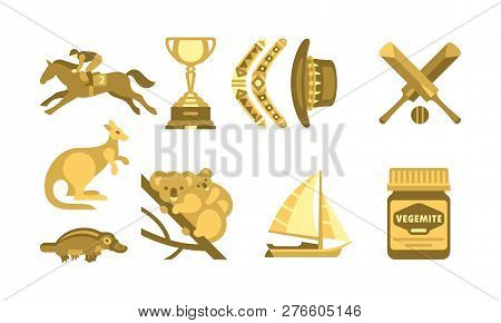 Australia Traveling Icons Set, Australian Traditional Symbols Vector Illustration
