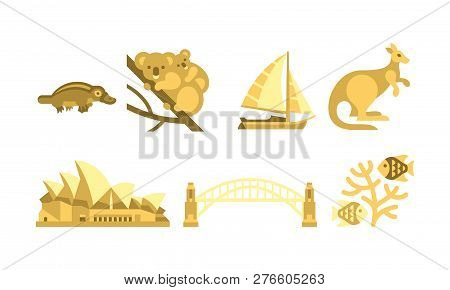 Australia Traveling Icons Set, Australian Traditional And Cultural Symbols Vector Illustration