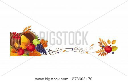 Thanksgiving Banner With Cornucopia And Space For Text, Autumn Fruits And Leaves Vector Illustration