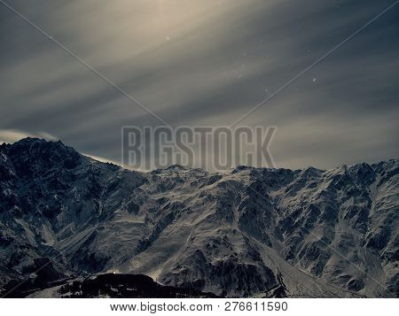 Caucasian Mountains In Georgia Night Lanscape With Stars And Mikly Way