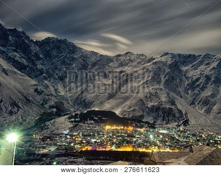 Caucasian Mountains In Georgia Night Lanscape With Stars And Mikly Way