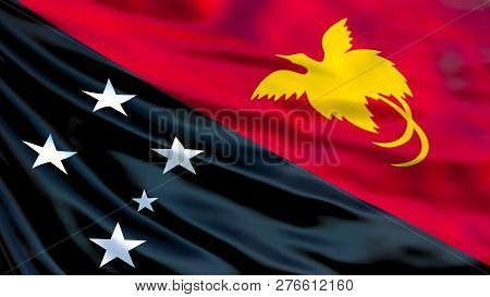 Papua New Guinea Flag. Waving Flag Of Papua New Guinea 3d Illustration. Port Moresby