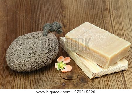 Handmade Bar Of Soap And Pumice Stone. 
Nettle And Olive Soap And Pumice Stone Decorated With Fresh 