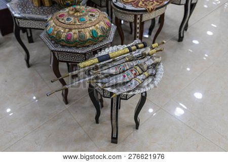 Maan, Jordan, December 07, 2018 : A Large Number Of Decoratively Decorated Daggers Are On The Shelve