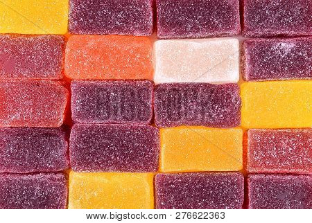 Marmalade Sweets Background. Gelly Candies Close Up. Colorful Swets. Jelly Cubes Sprinkled With Suga