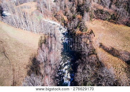 Cinca River On The Chistau Valley. Aerial View