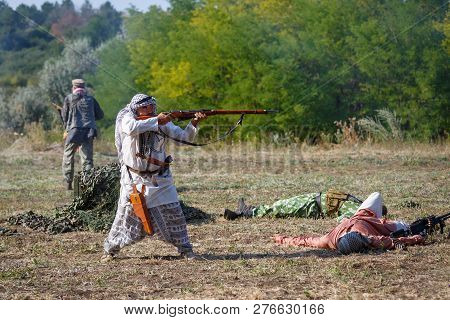 Sambek, Rostov Region, Russia, August 19, 2018: Historical Festival Sambek Heights. Mojahed Stands A