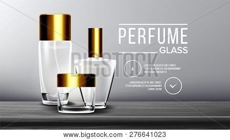 Cosmetic Glass Branding Background Vector. Luxury, Fashion. Fragrance, Collagen. Face Care. Bottle. 