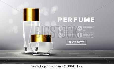 Cosmetic Glass Ads Vector. Bottle. Jar. Empty Glass Bottle, Tube, Box, Jar Package. Skincare Beauty.