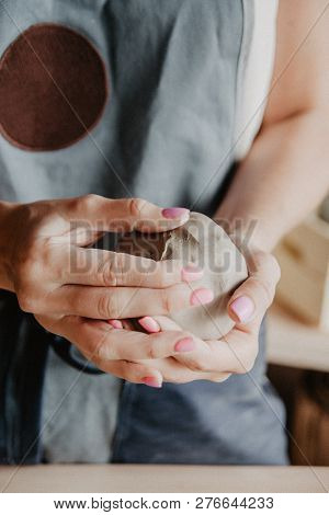 Pottery, Clay, Ceramics Art Concept - Closeup On Hands Of Young Master With The Large Pieces Of Fire
