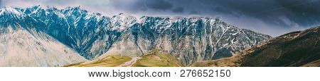 Kazbegi, Georgia. Gergeti Trinity Church Or Tsminda Sameba - Holy Trinity Church Near Village Of Ger