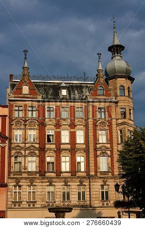 Facade Of Historic Tenement House On The Market In Swidnica In Poland