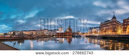 Helsinki, Finland - December 6, 2016: Panoramic View Of Pier, Embankment On Kanavaranta Street, Uspe