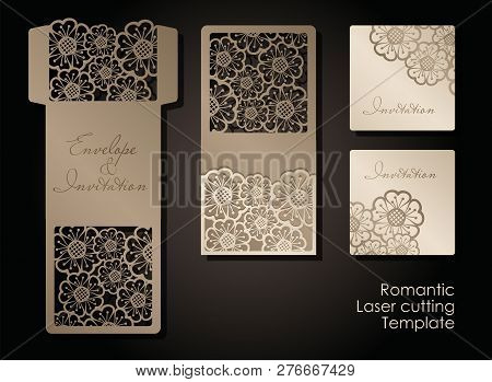Intage Envelope And Invitation For Laser Cutting. Openwork Cover And Card Design For Wedding, Valent