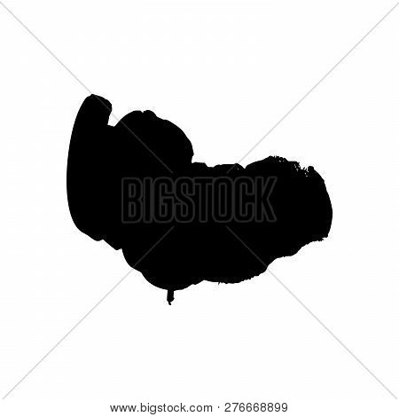 Ebony Ink Blob. Black Blotch On White Background. Ink Splatter With Droppings. Black Paint Spilled D