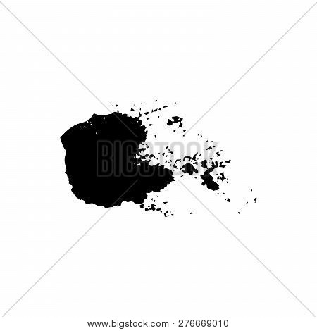Ebony Ink Blob. Black Blotch On White Background. Ink Splatter With Droppings. Black Paint Spilled D